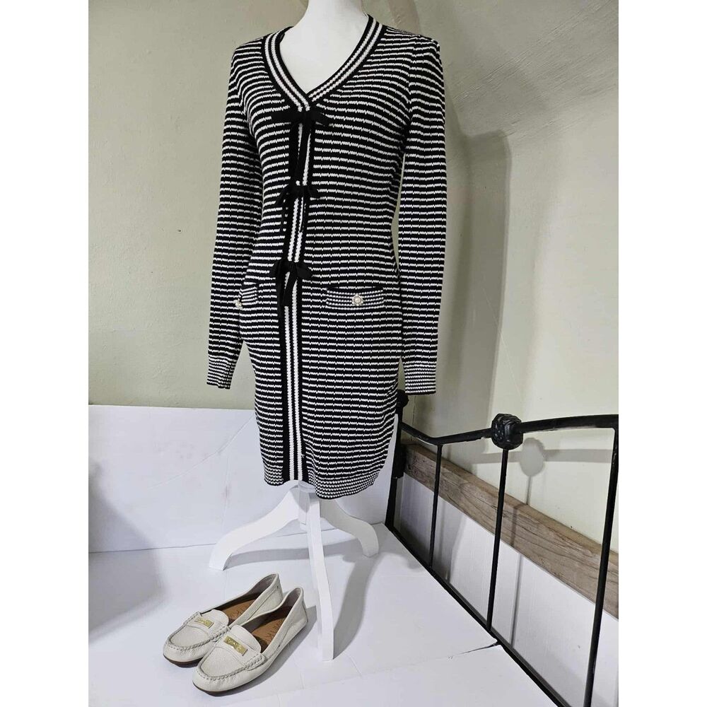 Nicole Miller Black & White Stripe Sweater Dress | Bow Detail | Size XS
